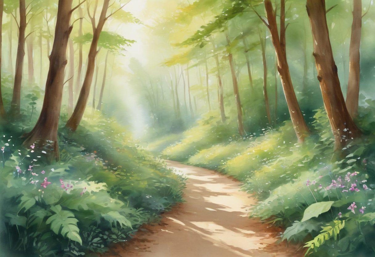 A serene path winding through a lush forest, with gentle sunlight filtering through green leaves, symbolizing hope and healing. In the foreground, a diverse group of cancer warriors is gathered, sharing stories and experiences, radiating strength and community. Soft floral elements and inspirational quotes subtly integrated into the background create an uplifting atmosphere. watercolor painting style. earthy tones. soft light.