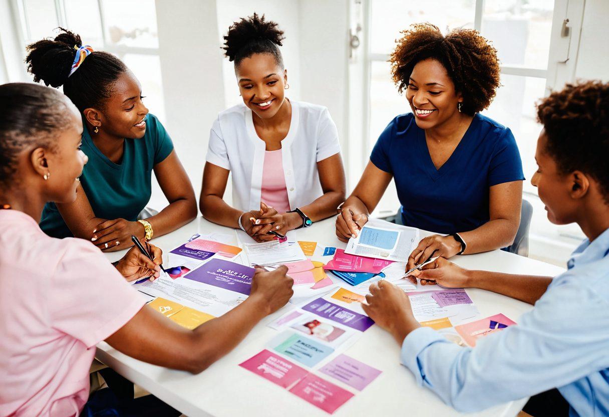 A diverse group of individuals engaged in a lively discussion, surrounded by educational materials about cancer awareness. Include symbolic elements like ribbons, brochures, and tablets showing advocacy information. The atmosphere should be vibrant and hopeful, radiating empowerment and collaboration. Soft, warm lighting enhances a feeling of community and support. super-realistic. vibrant colors. white background.