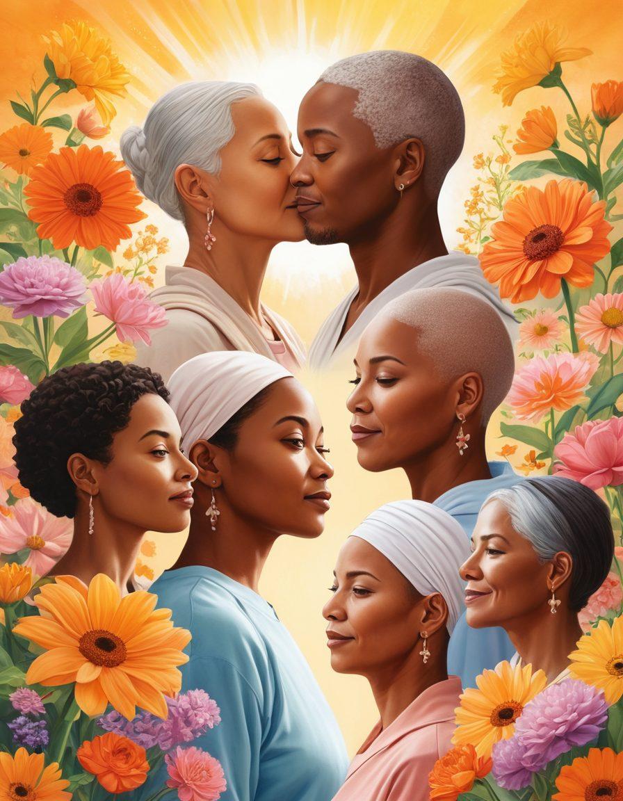A collage of diverse individuals standing strong with supportive loved ones, each depicted in a unique setting that symbolizes their cancer journey, intertwined with elements of hope like blooming flowers and radiant sunlight. Include empowering quotes subtly integrated in the background, showcasing resilience and wellness. Warm colors to evoke optimism and strength. super-realistic. vibrant colors.